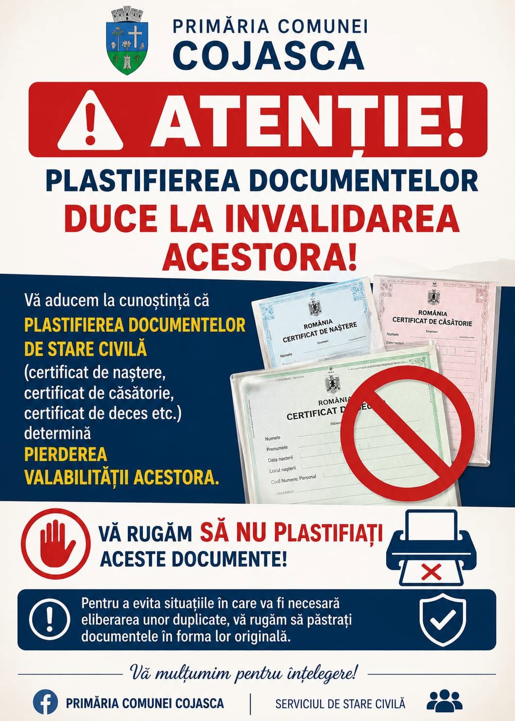 You are currently viewing Primăria Cojasca avertizează: Nu plastifiați documentele de stare civilă, altfel își pierd valabilitatea
