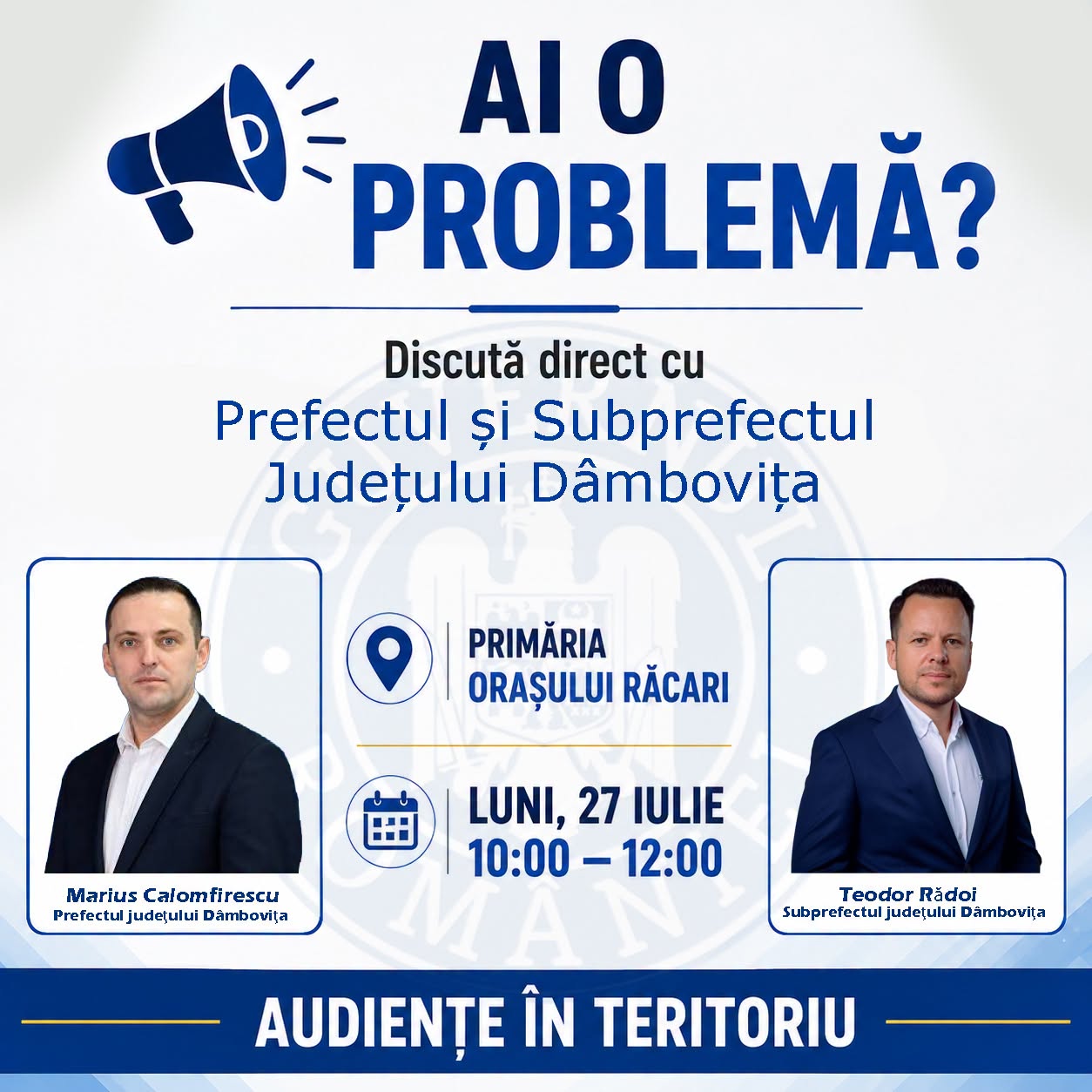 You are currently viewing Conducerea Prefecturii Dâmbovița organizează audiențe la Răcari, luni, 27 iulie