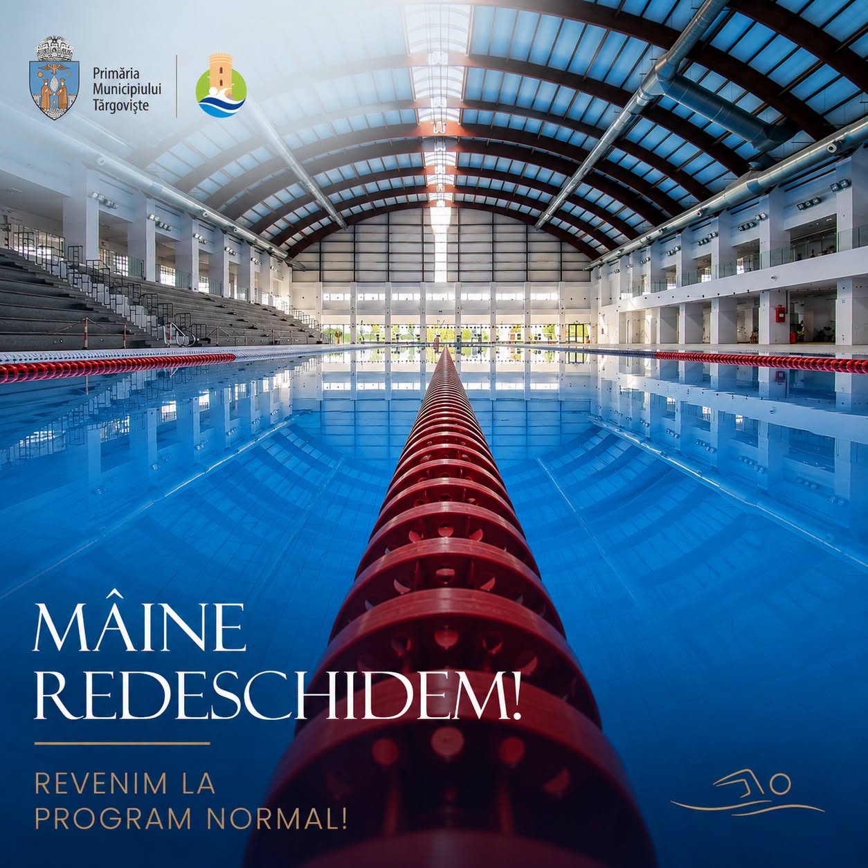 You are currently viewing Se redeschide Bazinul Olimpic din Târgoviște, la o săptămână după vijelia care a avariat acoperișul. În curând vor începe și lucrările de modernizare