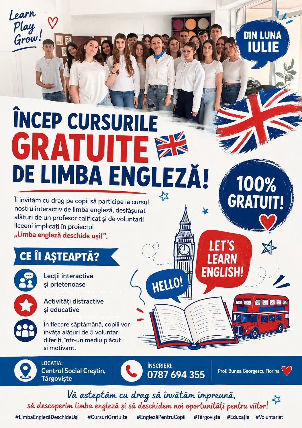 You are currently viewing Voluntari liceeni și profesori îi așteaptă pe copii la cursuri gratuite de limba engleză, la Targoviste