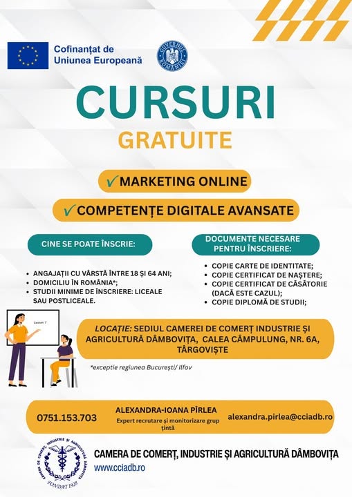 You are currently viewing Camera de Comerț Dâmbovița organizează cursuri gratuite de marketing online și competențe digitale