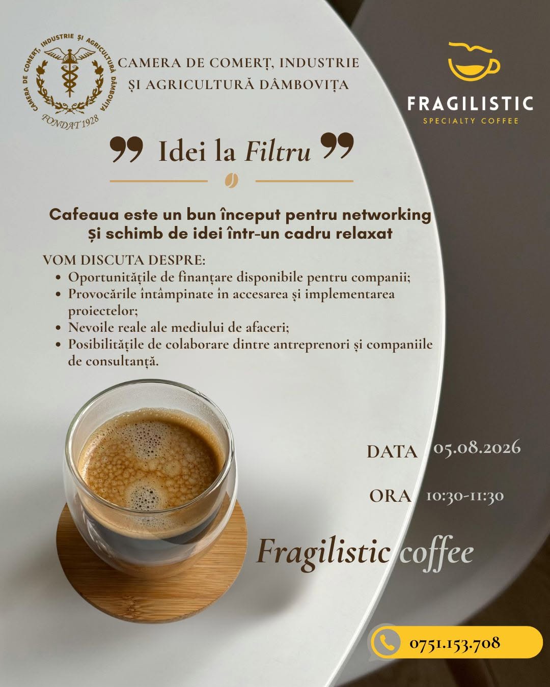 You are currently viewing Idei de business la cafea. CCIA Dâmbovița organizează o nouă ediție „Idei la Filtru”