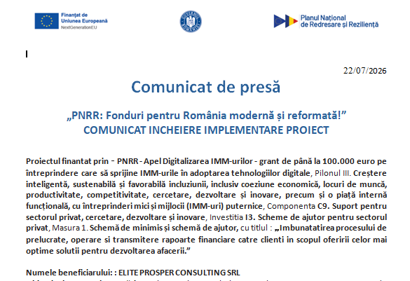 You are currently viewing Comunicat privind finalizarea proiectului „Îmbunătățirea procesului de prelucrare, operare și transmitere rapoarte financiare către clienți în scopul oferirii celor mai optime soluții pentru dezvoltarea afacerii”