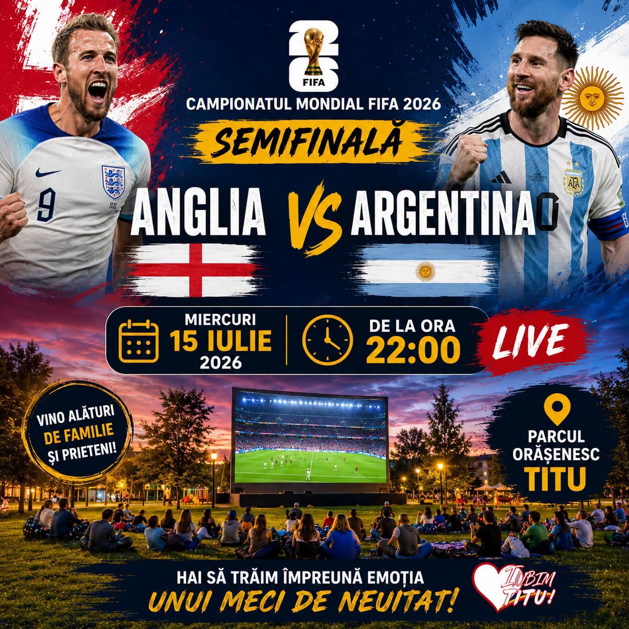 You are currently viewing Titu, din nou în febra Mondialului! Diseară, Anglia și Argentina se înfruntă pe ecranul mare din parc