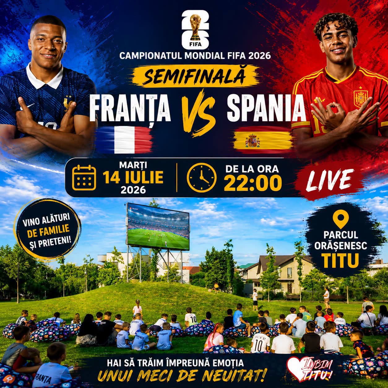 You are currently viewing Semifinala Franța – Spania, proiectată în această seară pe ecran mare, în Parcul Orășenesc Titu