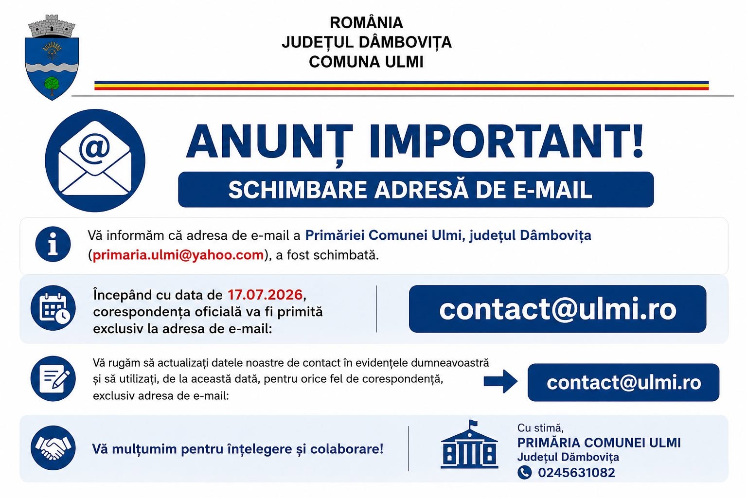 You are currently viewing Primăria Ulmi are, începând de astăzi, o nouă adresă oficială de e-mail