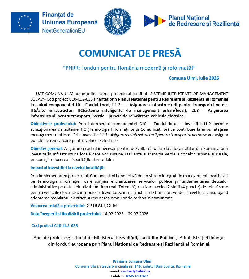 You are currently viewing UAT COMUNA ULMI anunță finalizarea proiectului „SISTEME INTELIGENTE DE MANAGEMENT LOCAL”, finanțat prin PNRR