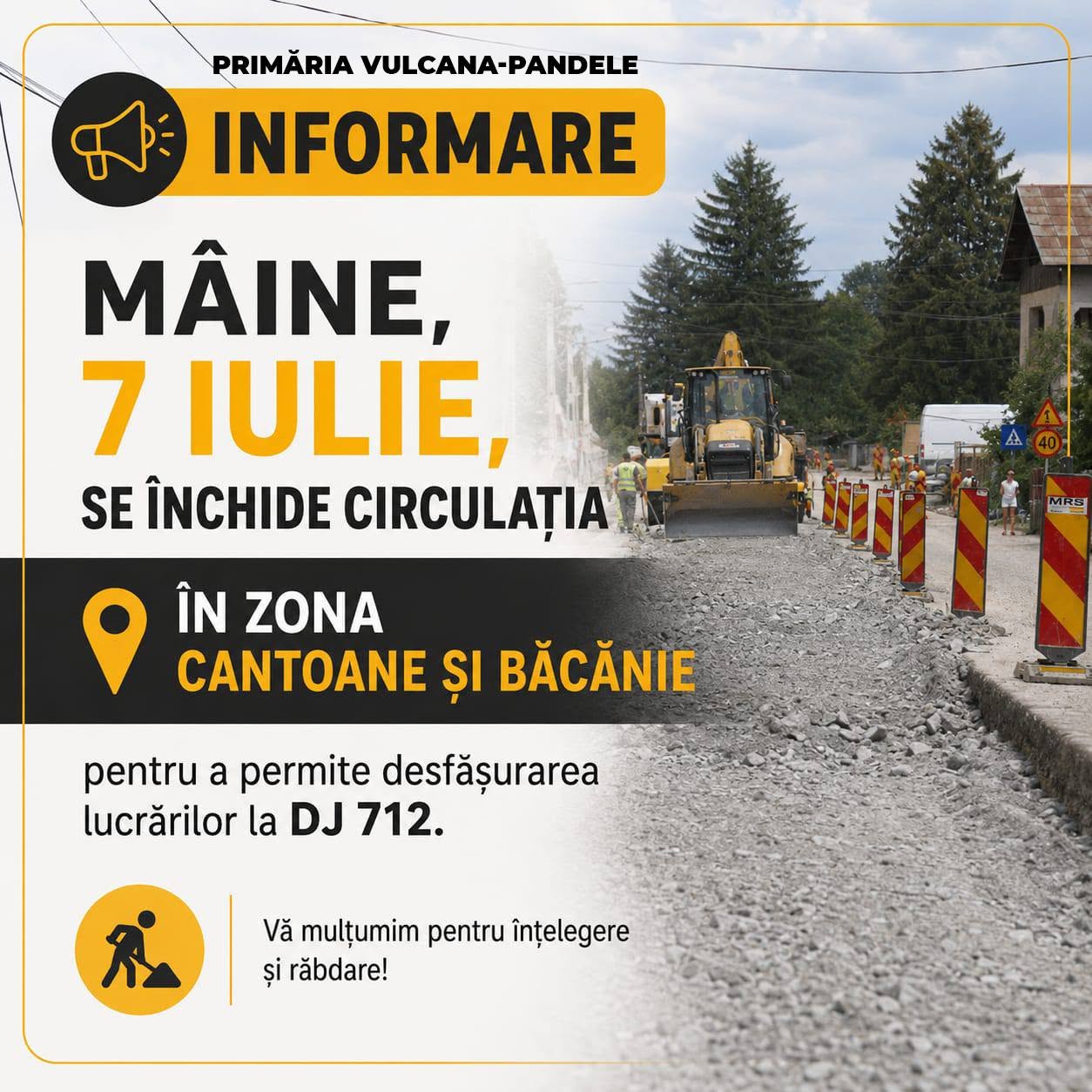 You are currently viewing Restricții de trafic, mâine, la Vulcana-Pandele. Continuă lucrările la DJ 712