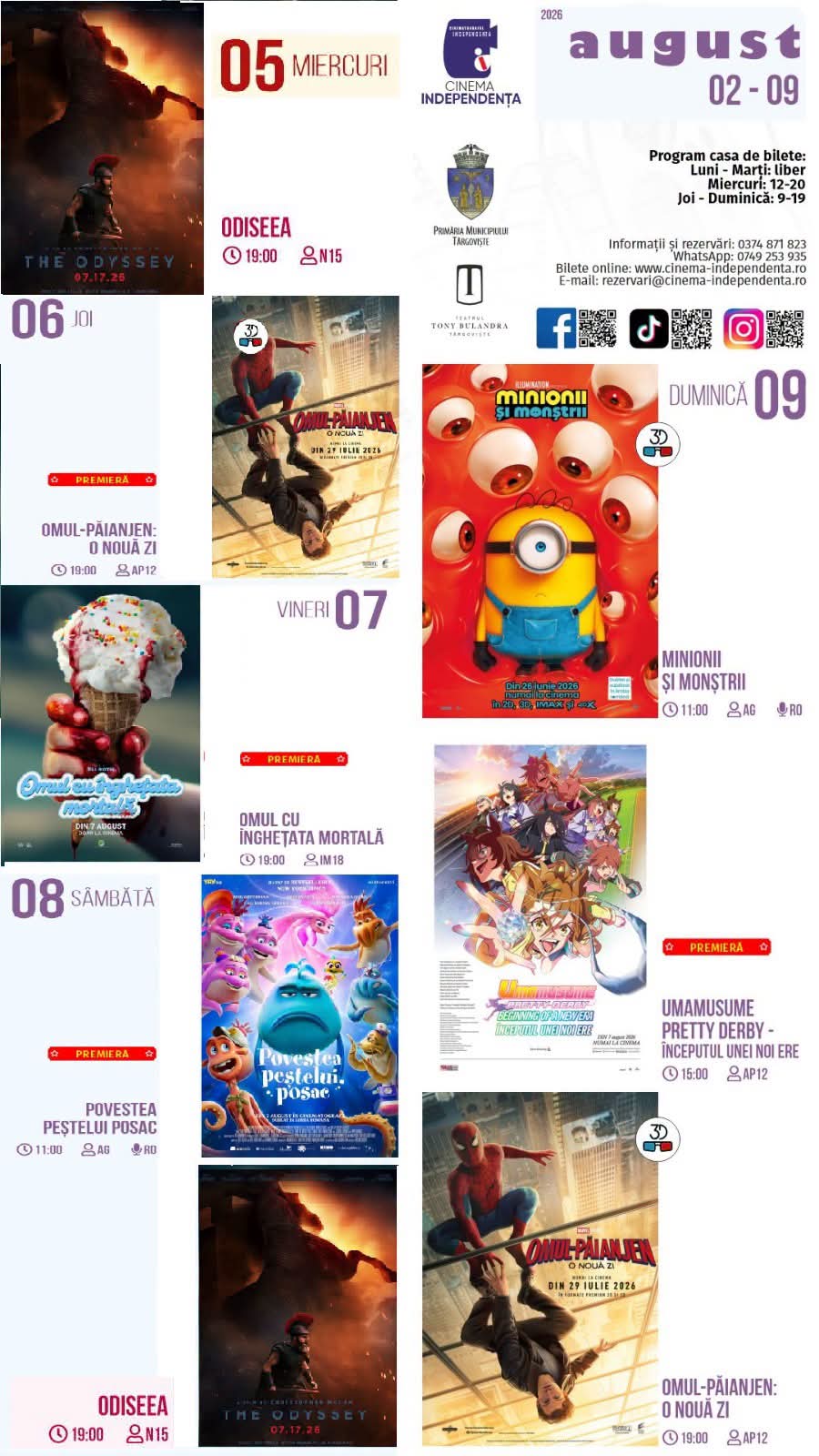 You are currently viewing Vezi programul proiecțiilor de film la Cinema Independența, în perioada 02 – 09 august 2026!