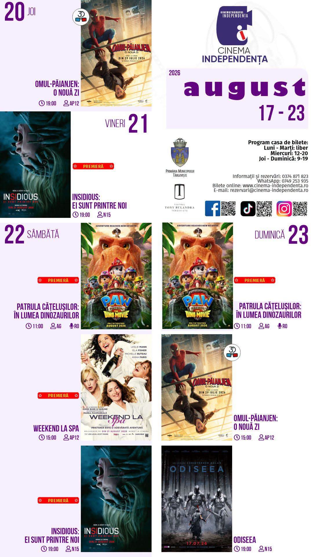 You are currently viewing Vezi programul proiecțiilor de film la Cinema Independența, în perioada 17 – 23 august 2026!
