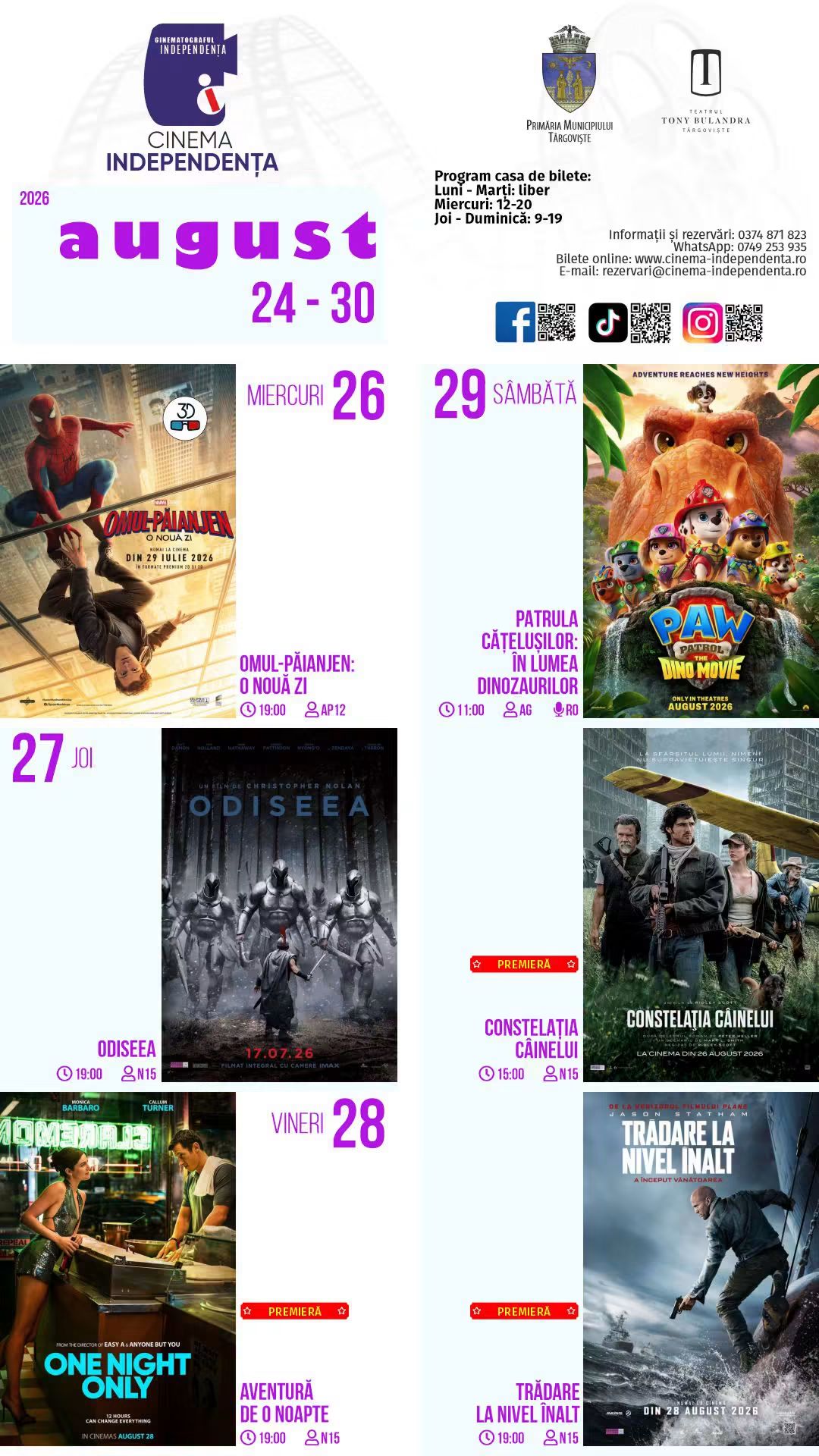 You are currently viewing Vezi programul proiecțiilor de film la Cinematograful Independența, în perioada 24 – 30 august 2026!