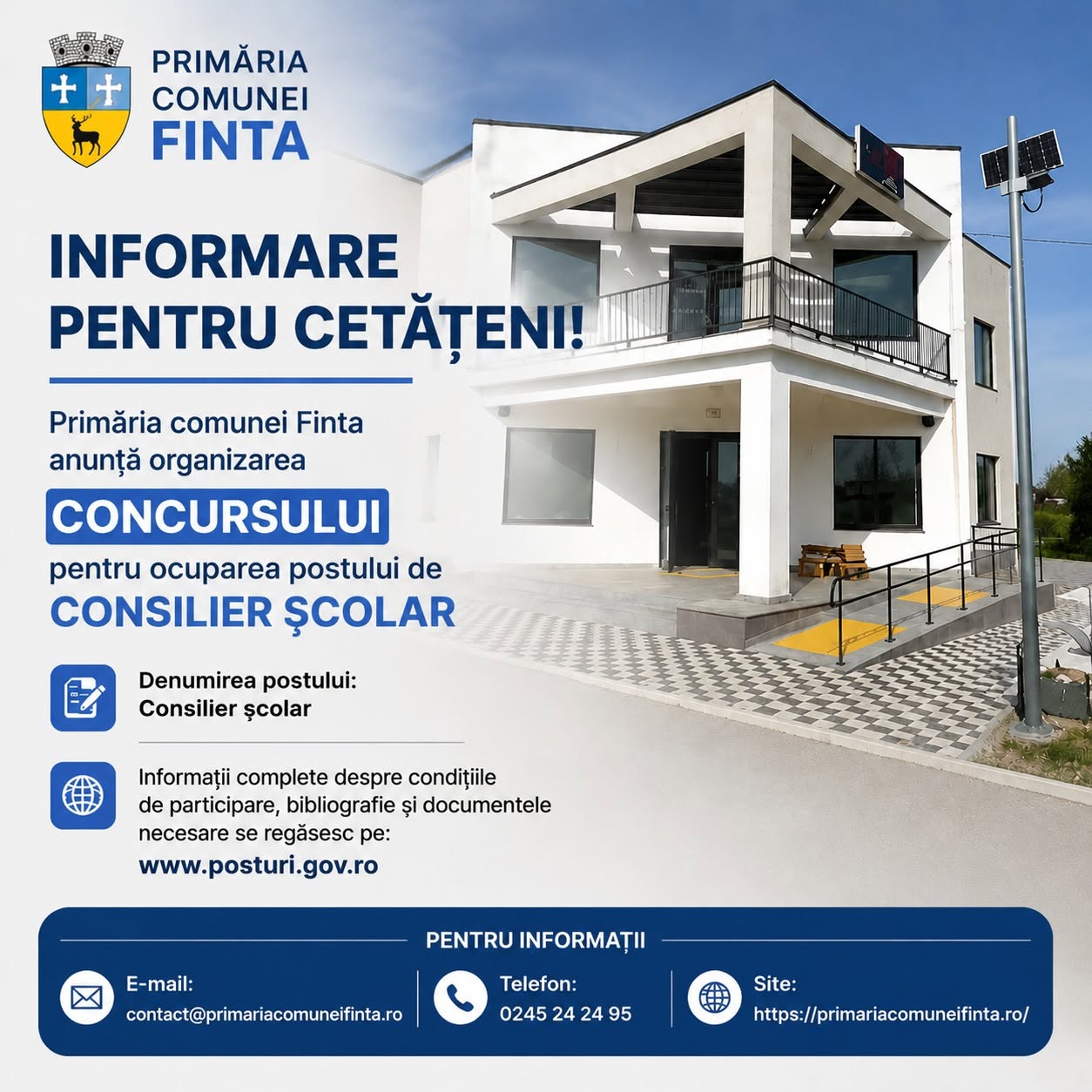 You are currently viewing Primăria Finta organizează concurs pentru ocuparea unui post de consilier școlar