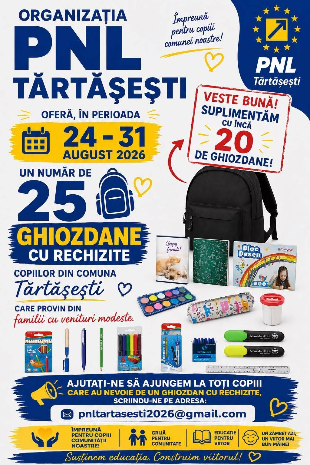 You are currently viewing Sprijin pentru începutul de an școlar la Tărtășești. Mai mulți copii vor primi ghiozdane și rechizite