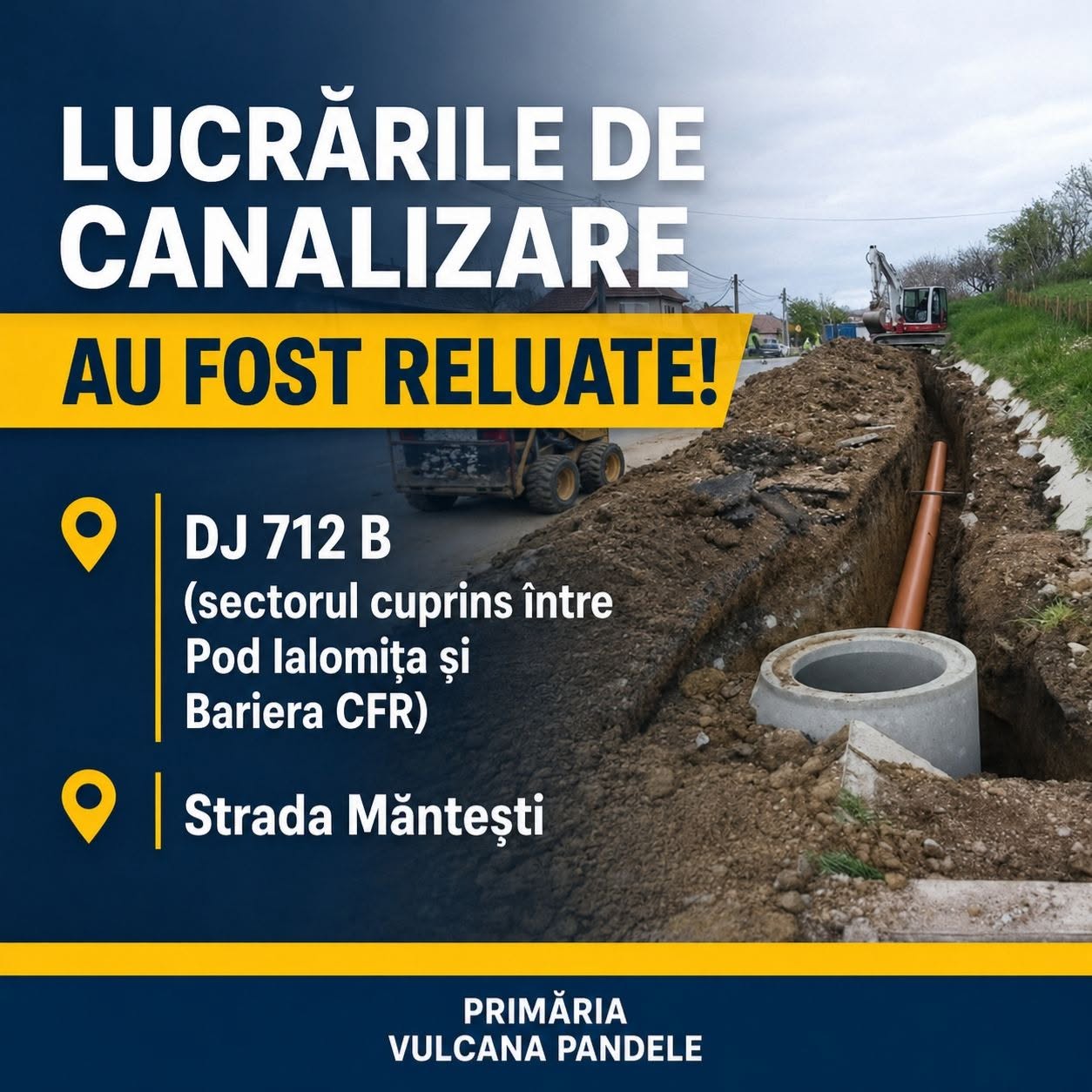 You are currently viewing Au fost reluate lucrările la rețeaua de canalizare din Vulcana-Pandele. Două tronsoane sunt vizate de intervenții