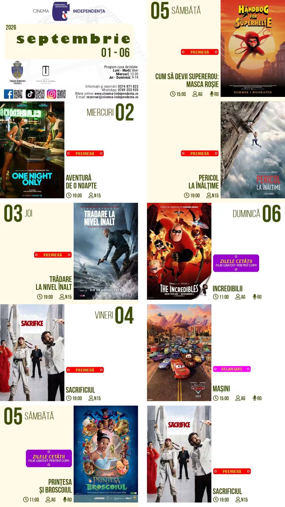 You are currently viewing Vezi programul proiecțiilor de film la Cinema Independența, în perioada 01 – 06 septembrie 2026