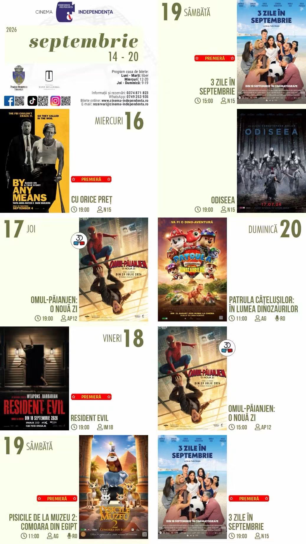 You are currently viewing Vezi programul proiecțiilor de film la Cinematograful Independența din Târgoviște, în perioada 14 – 20 septembrie 2026