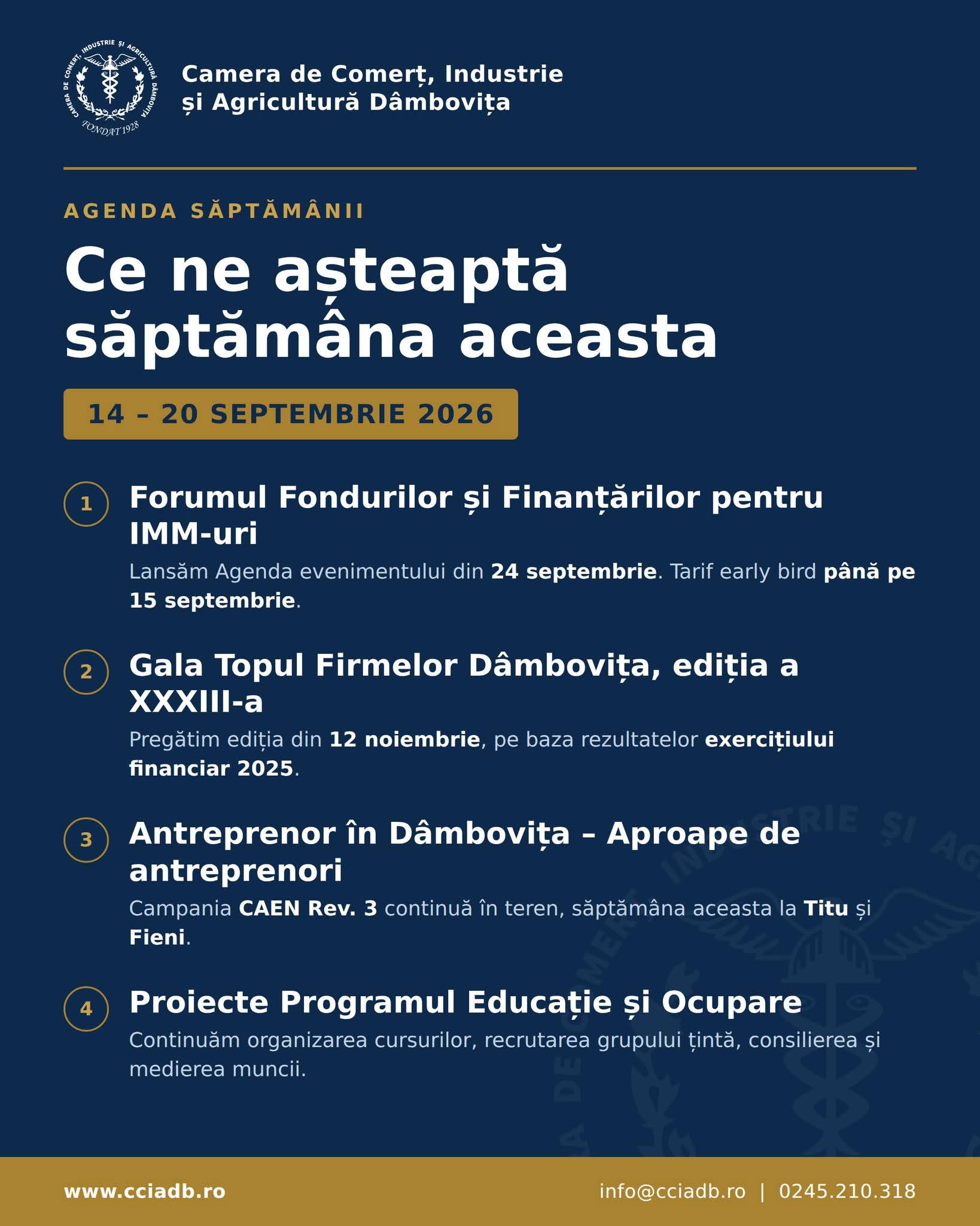 You are currently viewing Camera de Comerț Dâmbovița, o săptămână cu agenda plină. Forum pentru IMM-uri și întâlniri cu antreprenorii din Titu și Fieni