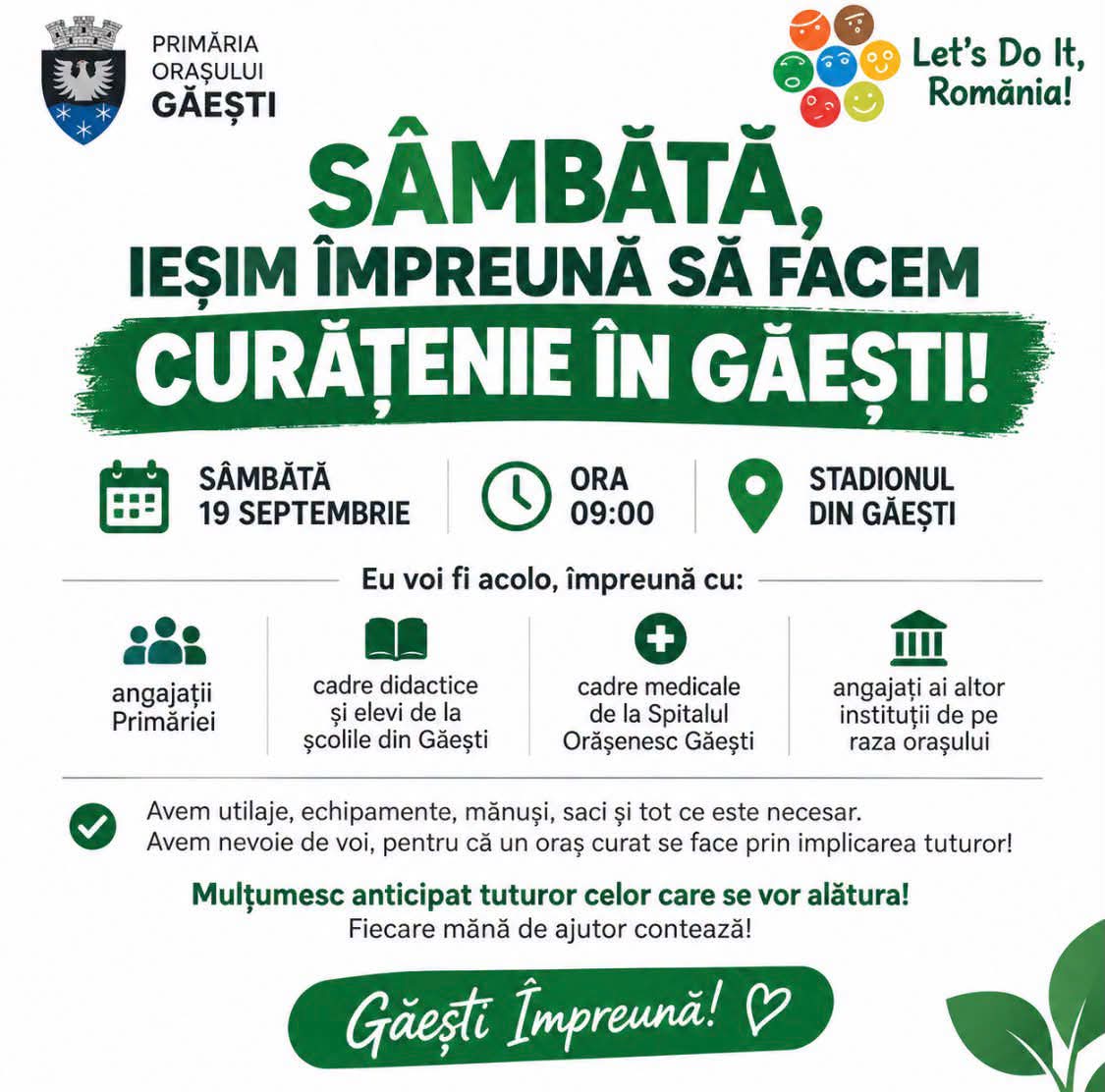 You are currently viewing Găeștiul se mobilizează pentru Ziua Națională a Curățeniei. Primăria, școlile și Spitalul Orășenesc ies împreună pe teren