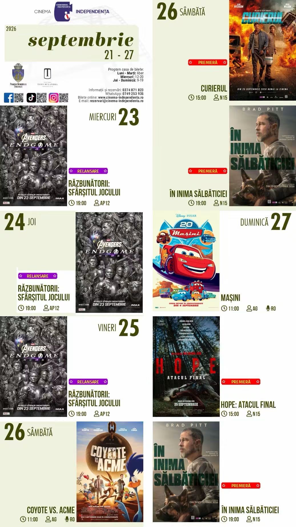 You are currently viewing Vezi programul proiecțiilor de film la Cinema Independența, în perioada 21 – 27 septembrie 2026!
