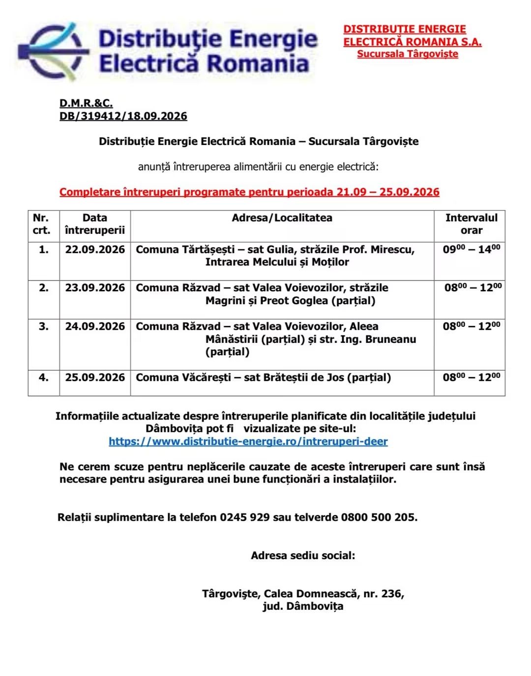 You are currently viewing Întreruperi de energie electrică la Răzvad, timp de două zile. Vezi ce străzi sunt afectate