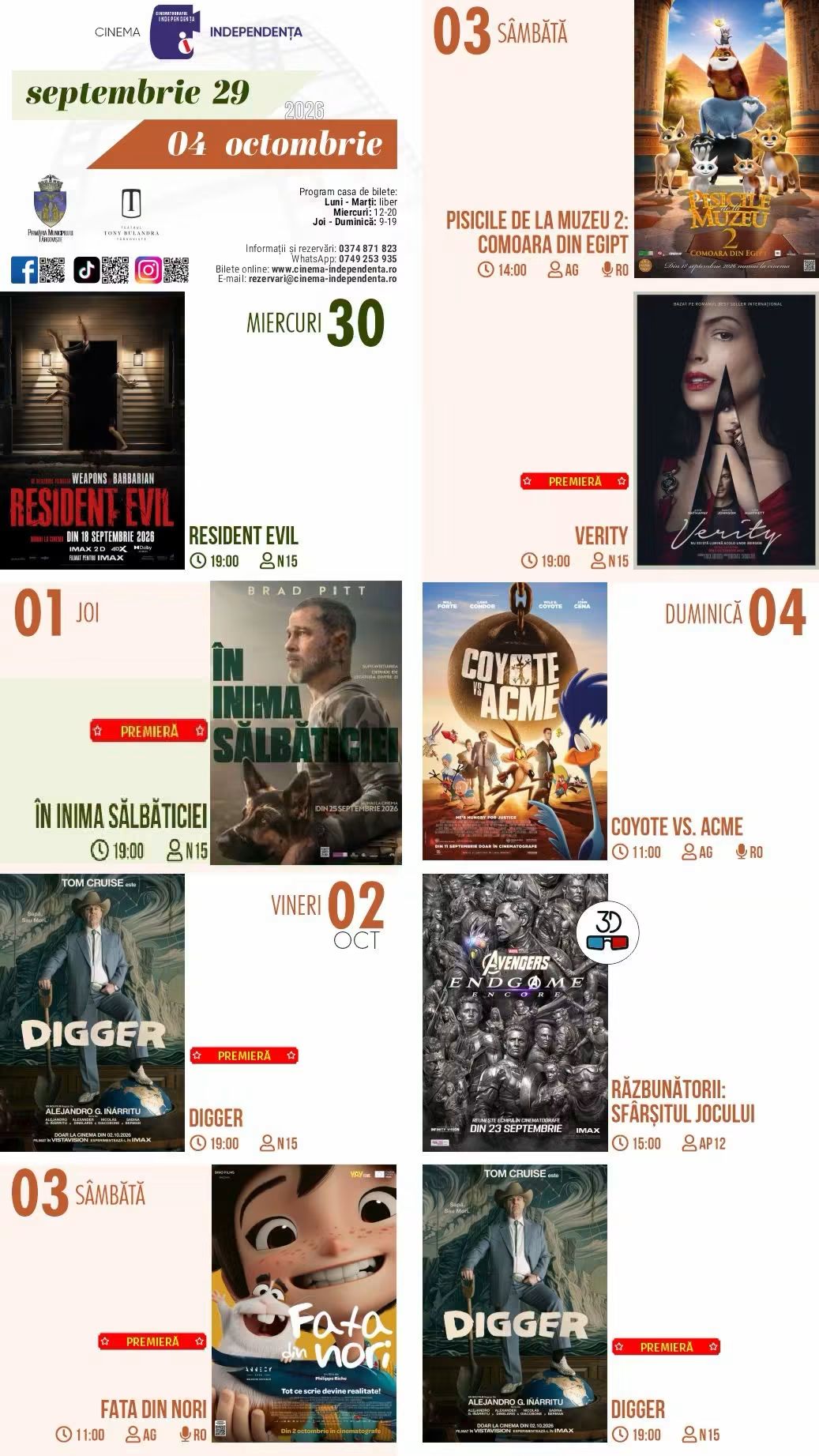 You are currently viewing Vezi programul proiecțiilor de film la Cinema Independența, în perioada 29 septembrie – 04 octombrie 2026!