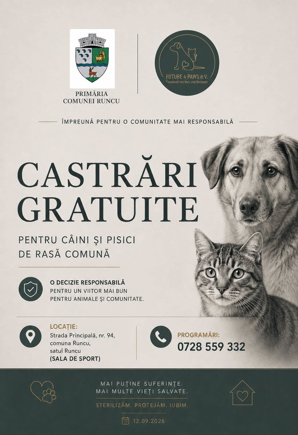 You are currently viewing Locuri disponibile pentru castrări gratuite de câini și pisici, la Runcu. Programările se fac telefonic