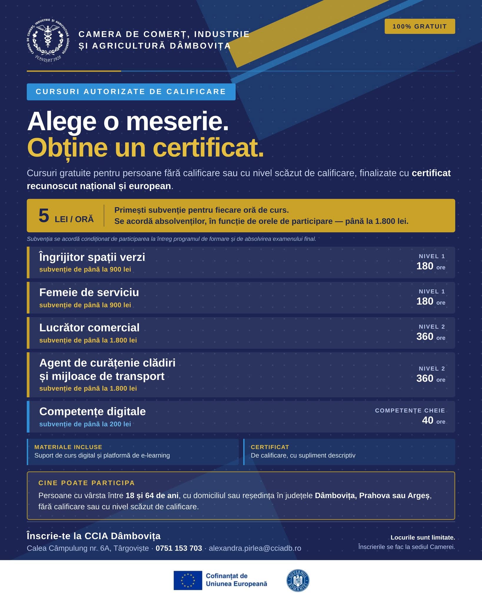 You are currently viewing Cursuri gratuite și subvenții de până la 1.800 de lei. Camera de Comerț Dâmbovița deschide înscrierile pentru noi programe de calificare