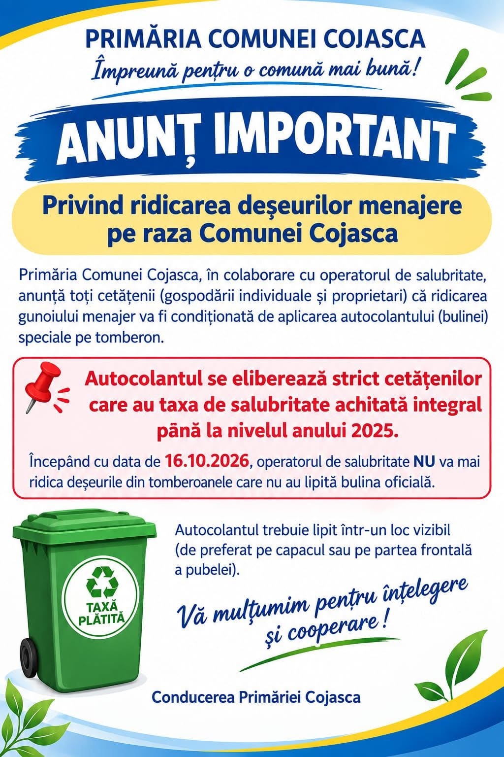 You are currently viewing Fără taxa de salubritate achitată, gunoiul nu va mai fi ridicat la Cojasca. Noua regulă se aplică din 16 octombrie