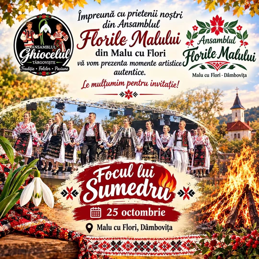 You are currently viewing „Focul lui Sumedru” adună din nou comunitatea la Malu cu Flori. Ansamblurile „Florile Malului” și „Ghiocelul”, împreună pe 25 octombrie