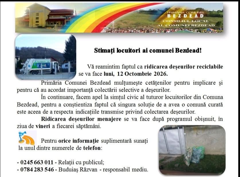 You are currently viewing Deșeurile reciclabile vor fi ridicate luni, la Bezdead. Colectarea gunoiului menajer rămâne vinerea