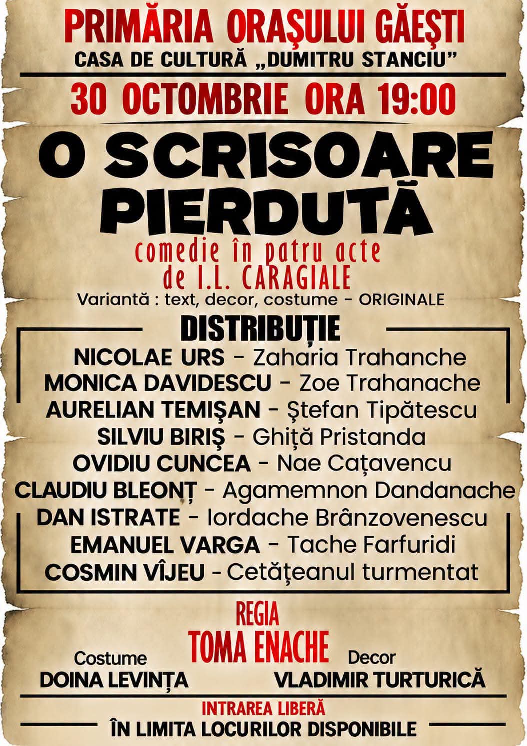 You are currently viewing „O scrisoare pierdută”, pe scena din Găești. Intrare liberă la spectacolul cu Nicolae Urs, Monica Davidescu, Aurelian Temișan și Claudiu Bleonț