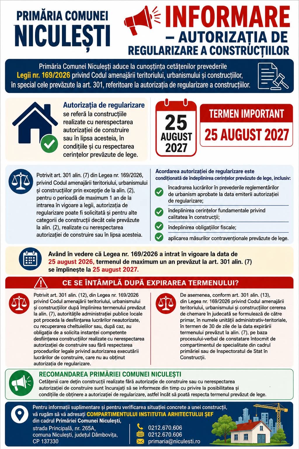 You are currently viewing Termen pentru regularizarea construcțiilor neautorizate, la Niculești. După 25 august 2027, se poate ajunge la desființarea lucrărilor