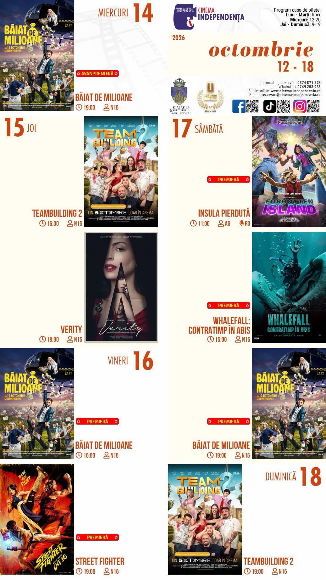 You are currently viewing Vezi programul proiecțiilor de film la Cinema „Independența” în perioada 12-18 octombrie 2026!
