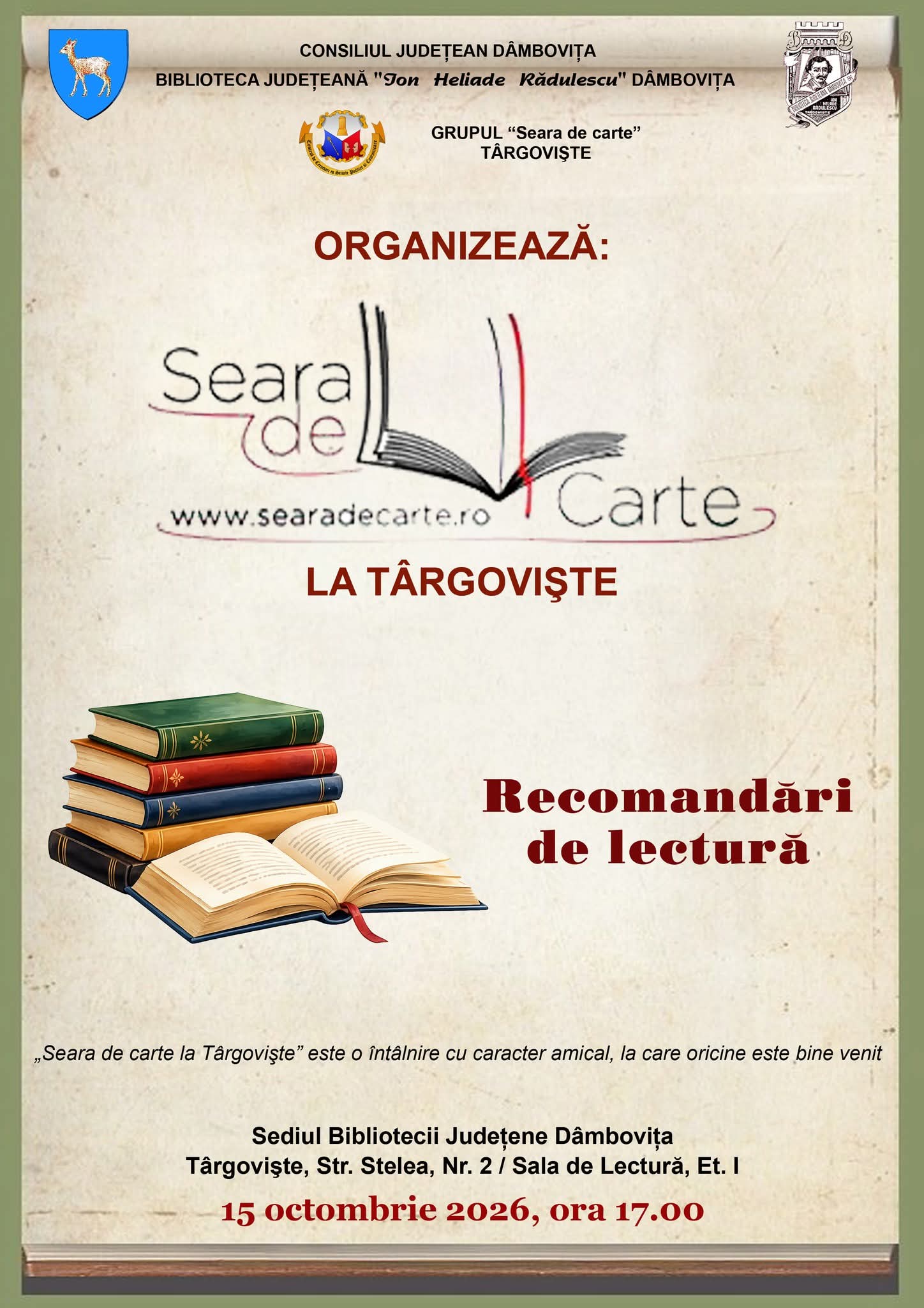 You are currently viewing La Biblioteca Județeană Dâmbovița va avea loc o nouă întâlnire din seria „Seara de carte la Târgovişte”