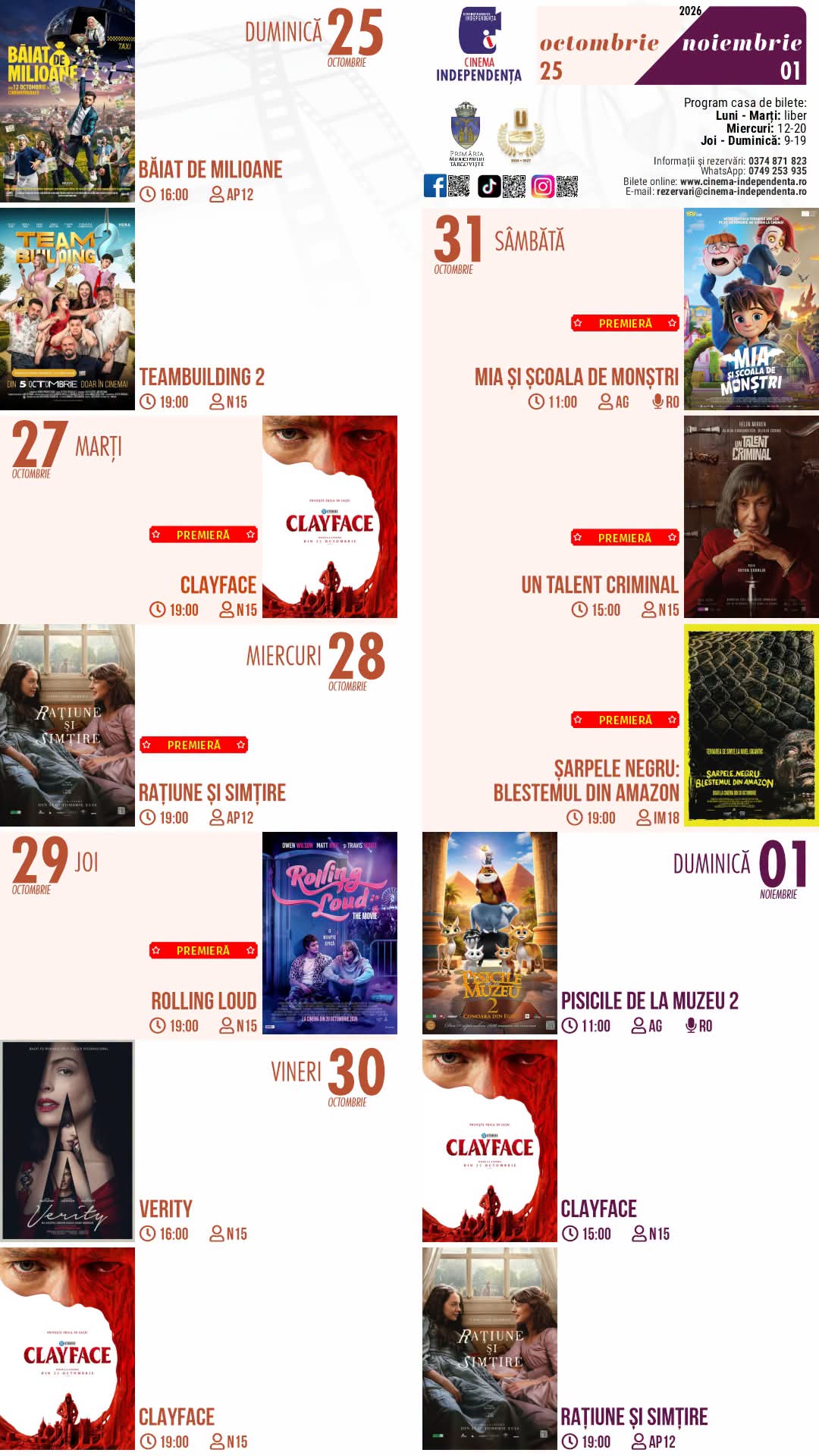 You are currently viewing Vezi programul proiecțiilor de film la Cinema Independența, în perioada 25 octombrie – 01 noiembrie 2026!