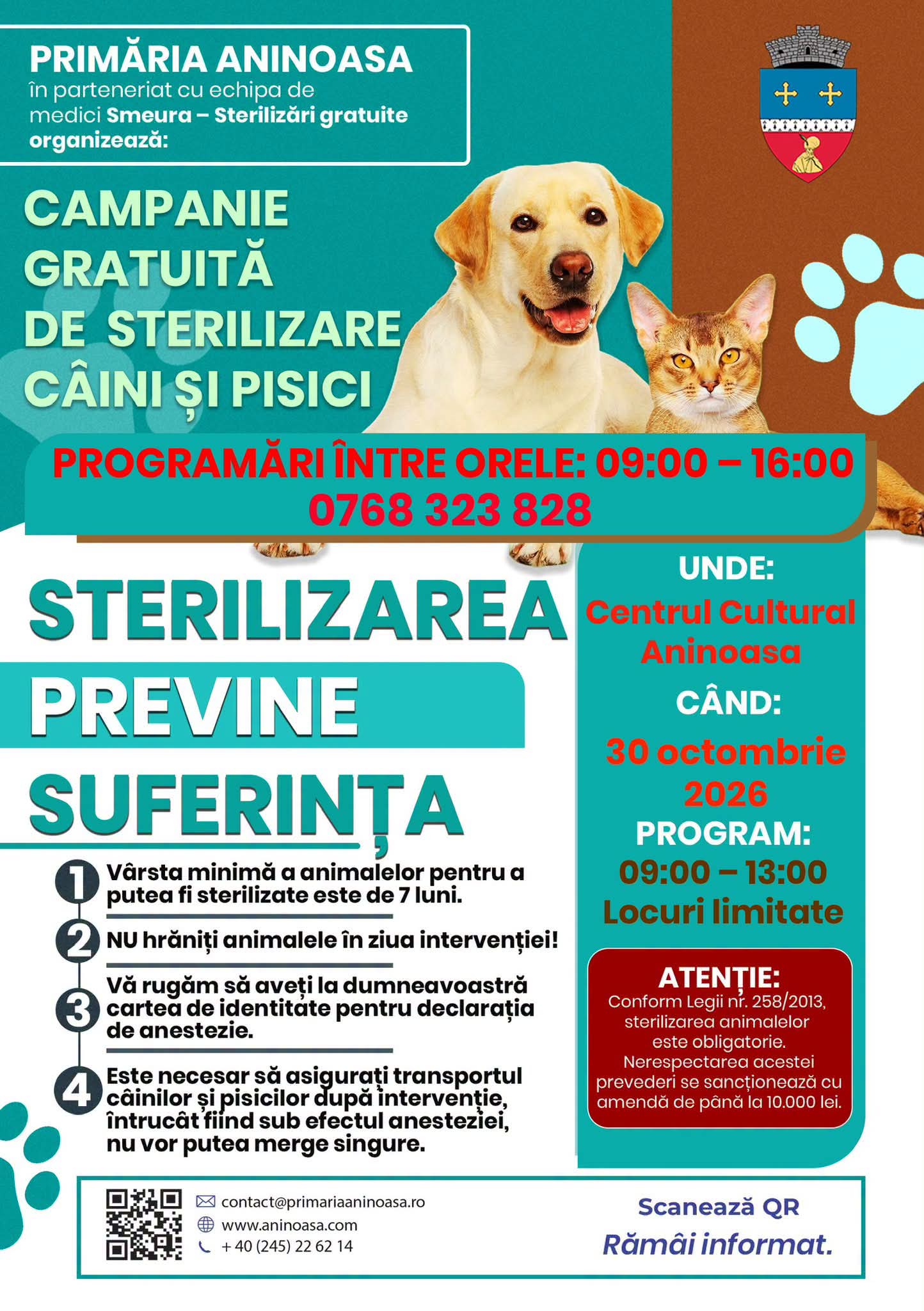 You are currently viewing Sterilizări gratuite pentru câini și pisici, la Aninoasa! Primarul anunță o nouă campanie, cu locuri limitate