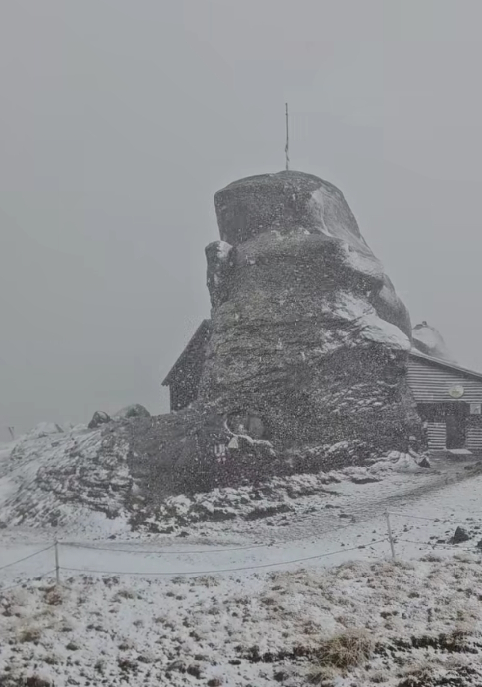 You are currently viewing De la temperaturi de vară la peisaj de iarnă în Bucegi. Ninge pe Vârful Omu, iar temperaturile se apropie de pragul înghețului