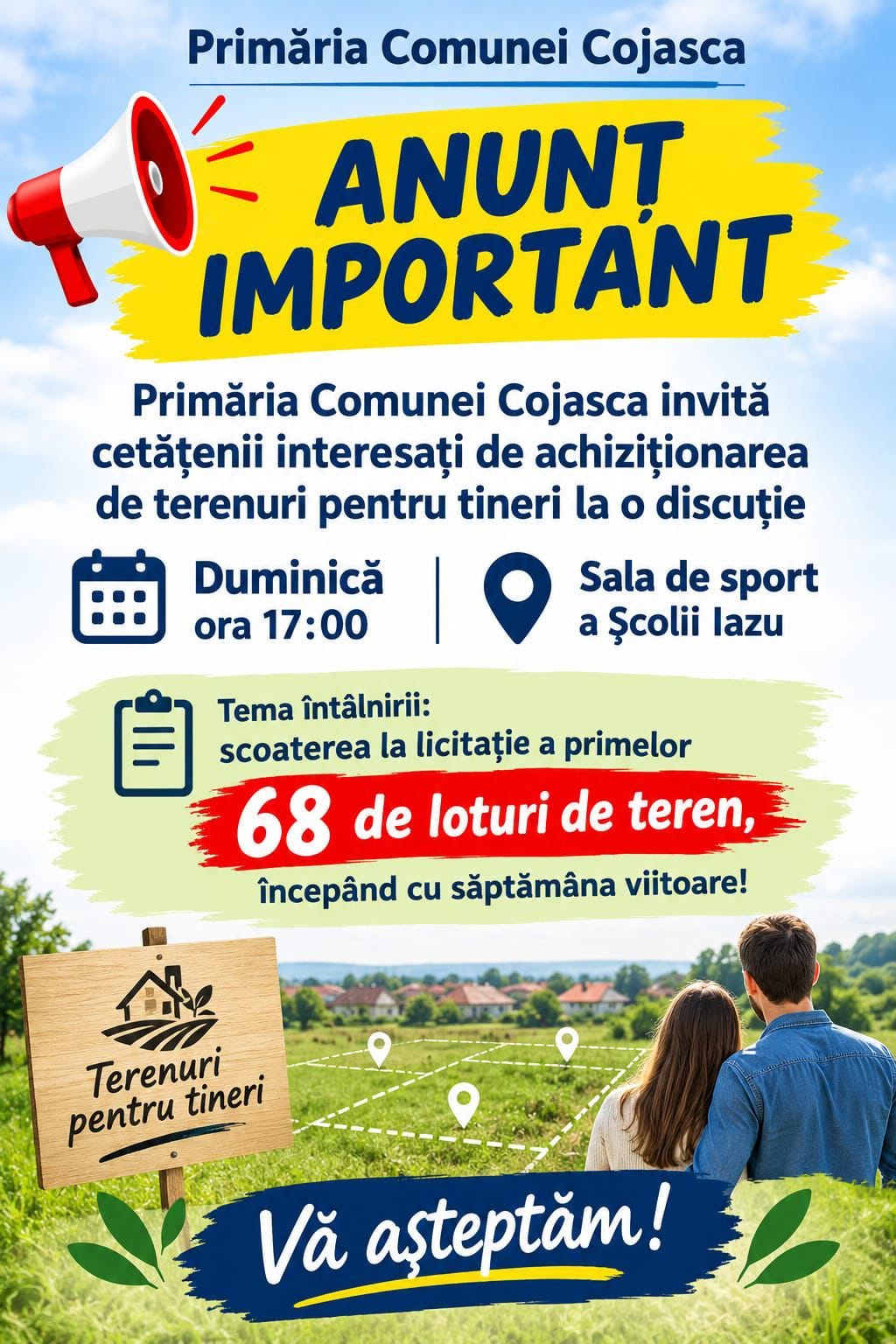 You are currently viewing Primele 68 de loturi de teren pentru tineri, scoase la licitație în Cojasca. Întâlnire cu persoanele interesate, duminică, la Iazu