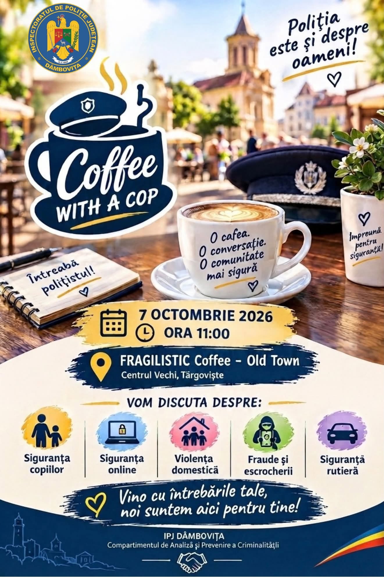You are currently viewing „Coffee with a Cop”, la Târgoviște. Polițiștii îi invită pe oameni la o cafea și o discuție informală