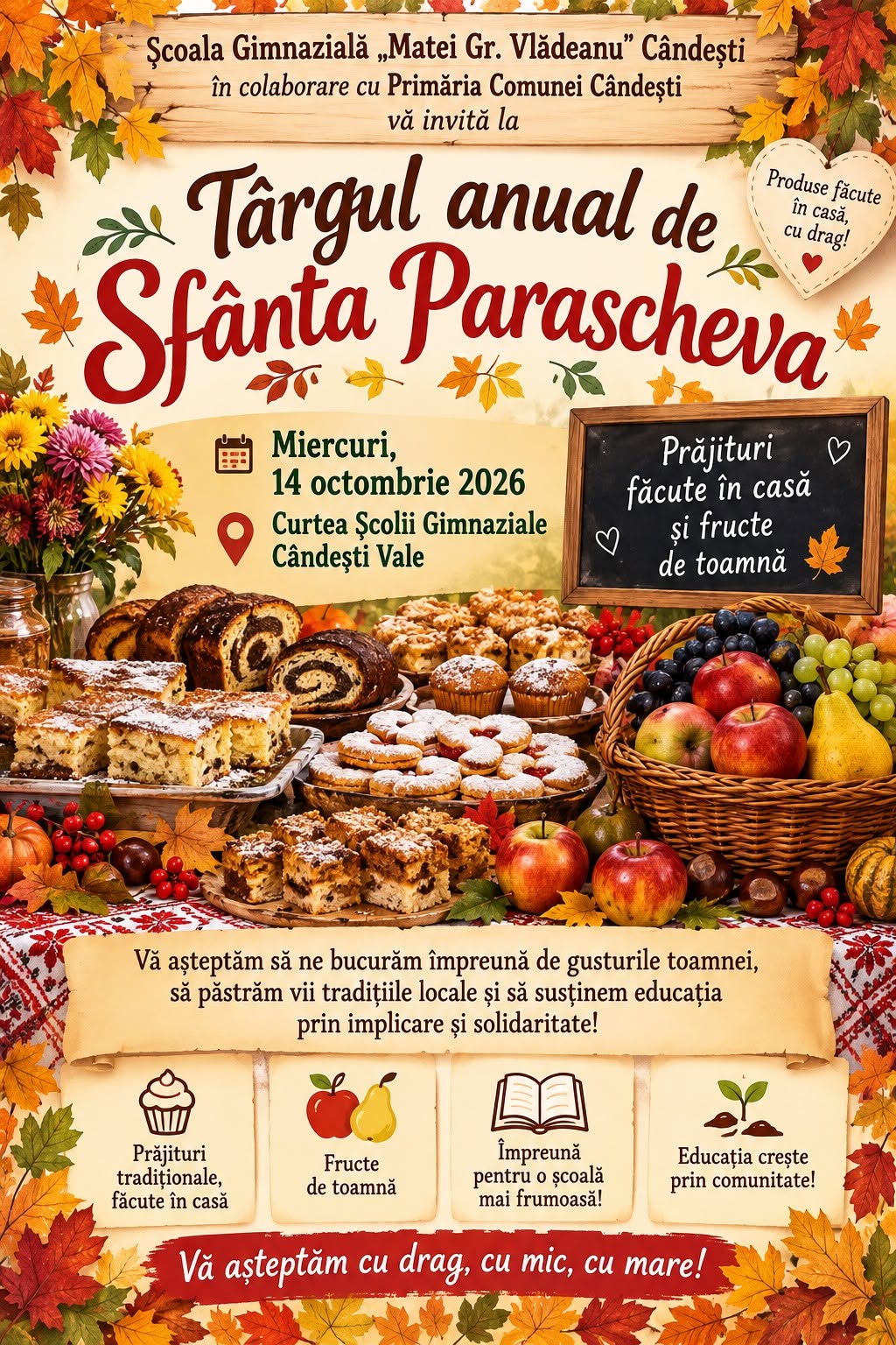 You are currently viewing Târgul de Sfânta Parascheva revine la Cândești. Prăjituri de casă, produse tradiționale și bunătăți de toamnă