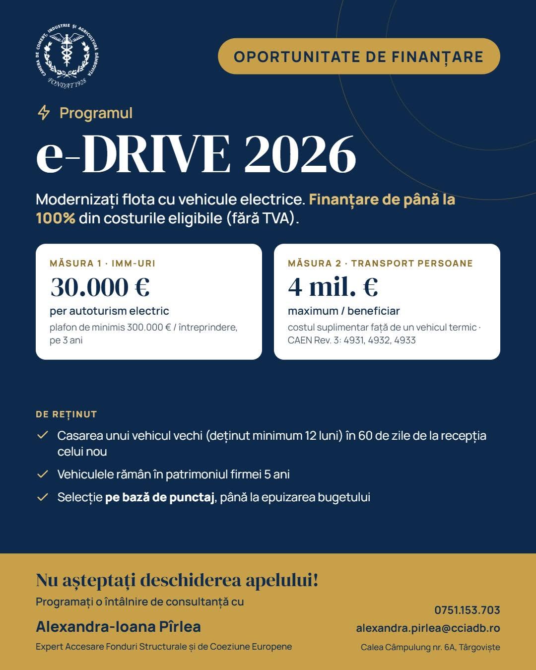 You are currently viewing Finanțări de până la 100% pentru firmele care își înlocuiesc mașinile cu vehicule electrice. Camera de Comerț Dâmbovița anunță programul e-DRIVE 2026