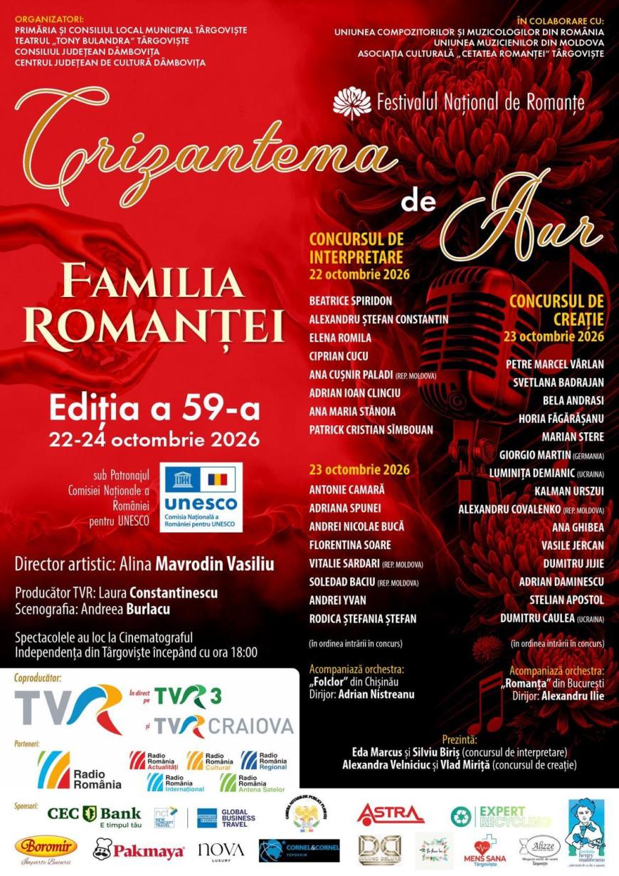 You are currently viewing Târgoviștea este și anul acesta capitala romanței! Festivalul „Crizantema de Aur” revine cu trei seri de muzică și emoție