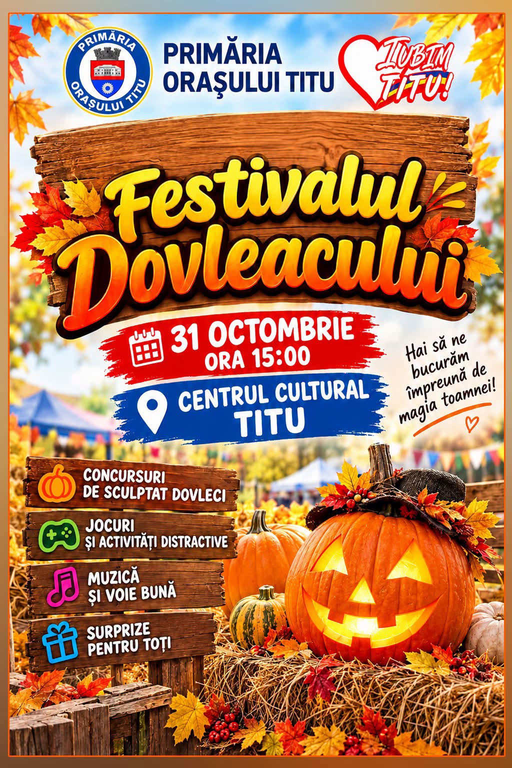 You are currently viewing Festivalul Dovleacului, la Titu. Concursuri de sculptat, jocuri și surprize pentru copii