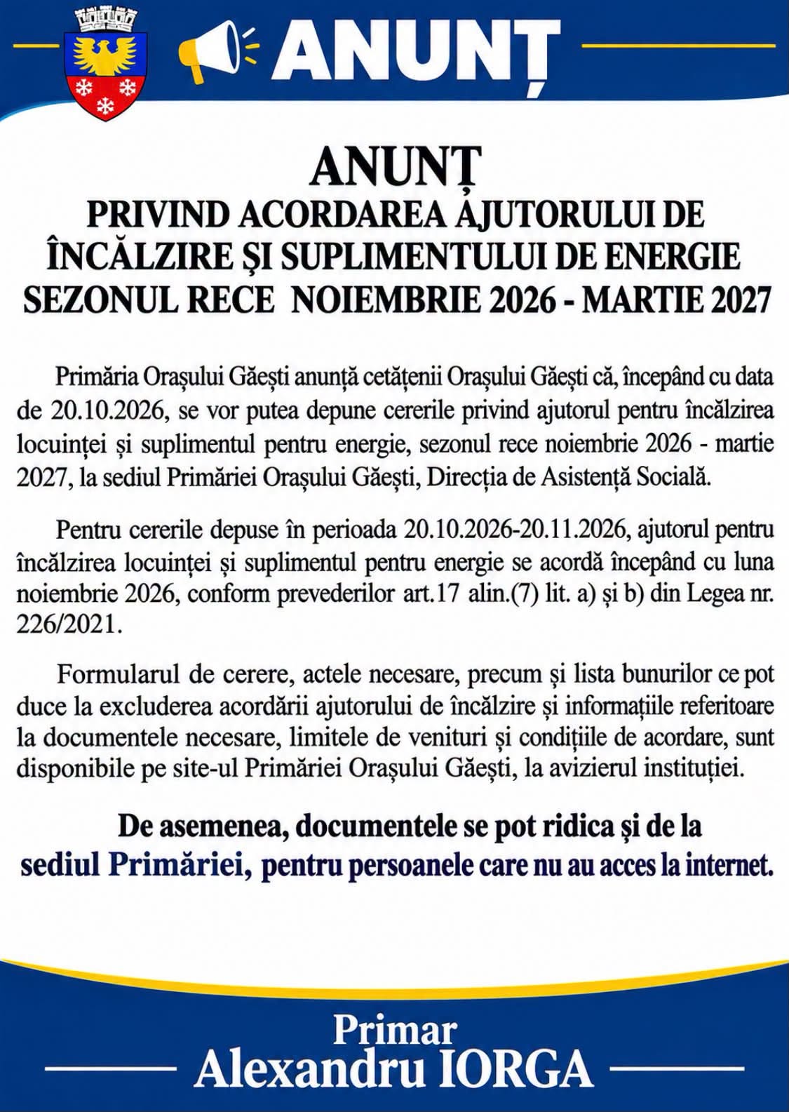 You are currently viewing Cererile pentru ajutorul de încălzire se depun din 20 octombrie la Găești. Sprijinul poate fi acordat din luna noiembrie