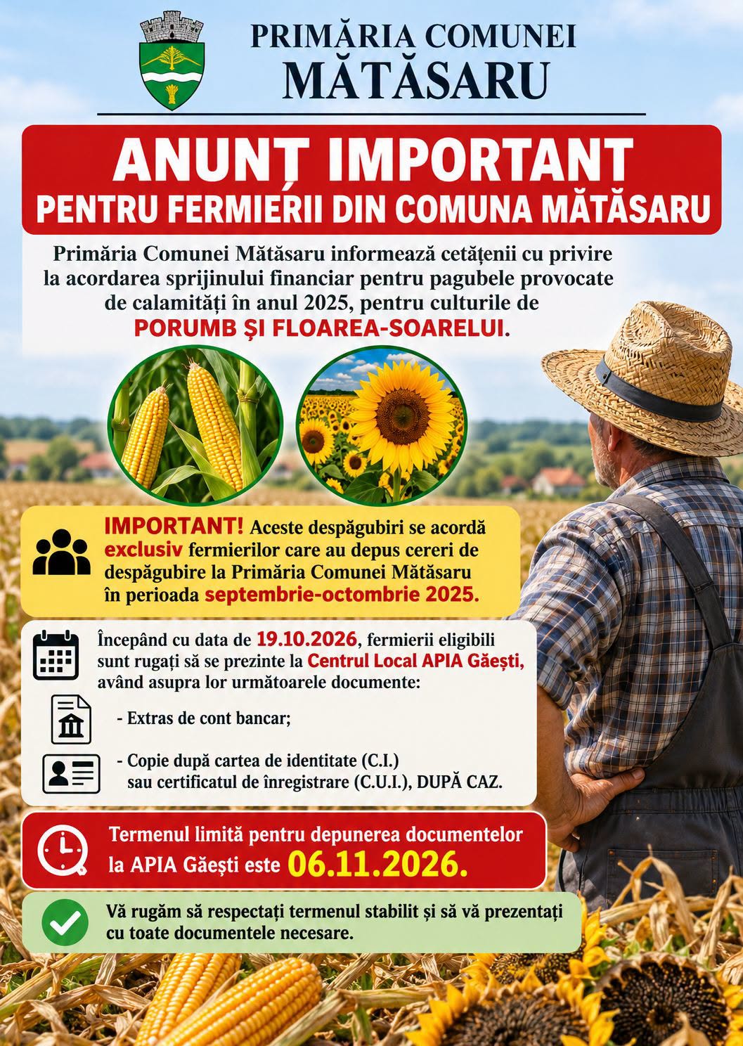 You are currently viewing Despăgubiri pentru fermierii din Mătăsaru afectați de calamitățile din 2025. Documentele trebuie depuse la APIA până pe 6 noiembrie