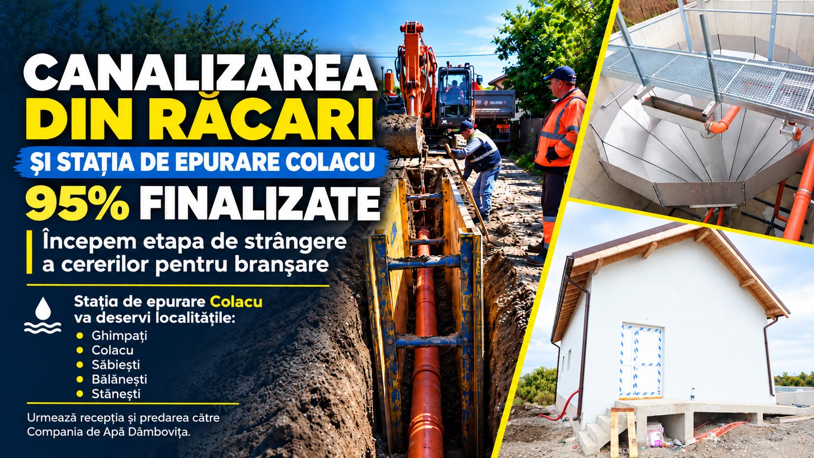 You are currently viewing Canalizarea din Răcari și stația de epurare Colacu, aproape de finalizare. Primăria primește deja cereri de racordare