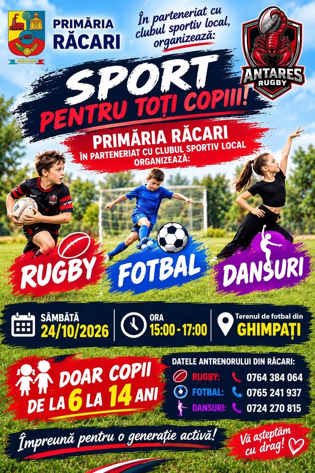 You are currently viewing Rugby, fotbal și dansuri sportive pentru copiii din Răcari. Demonstrații și înscrieri, sâmbătă, pe terenul din Ghimpați