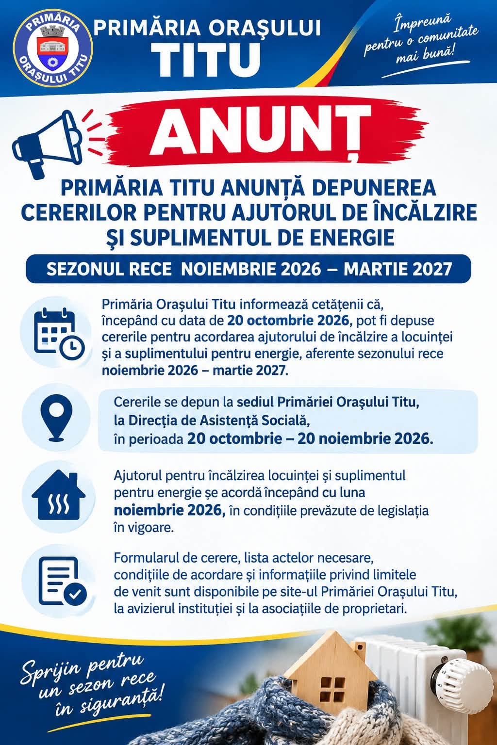 You are currently viewing Cererile pentru ajutorul de încălzire se depun din 20 octombrie la Titu. Sprijinul vizează sezonul rece noiembrie–martie
